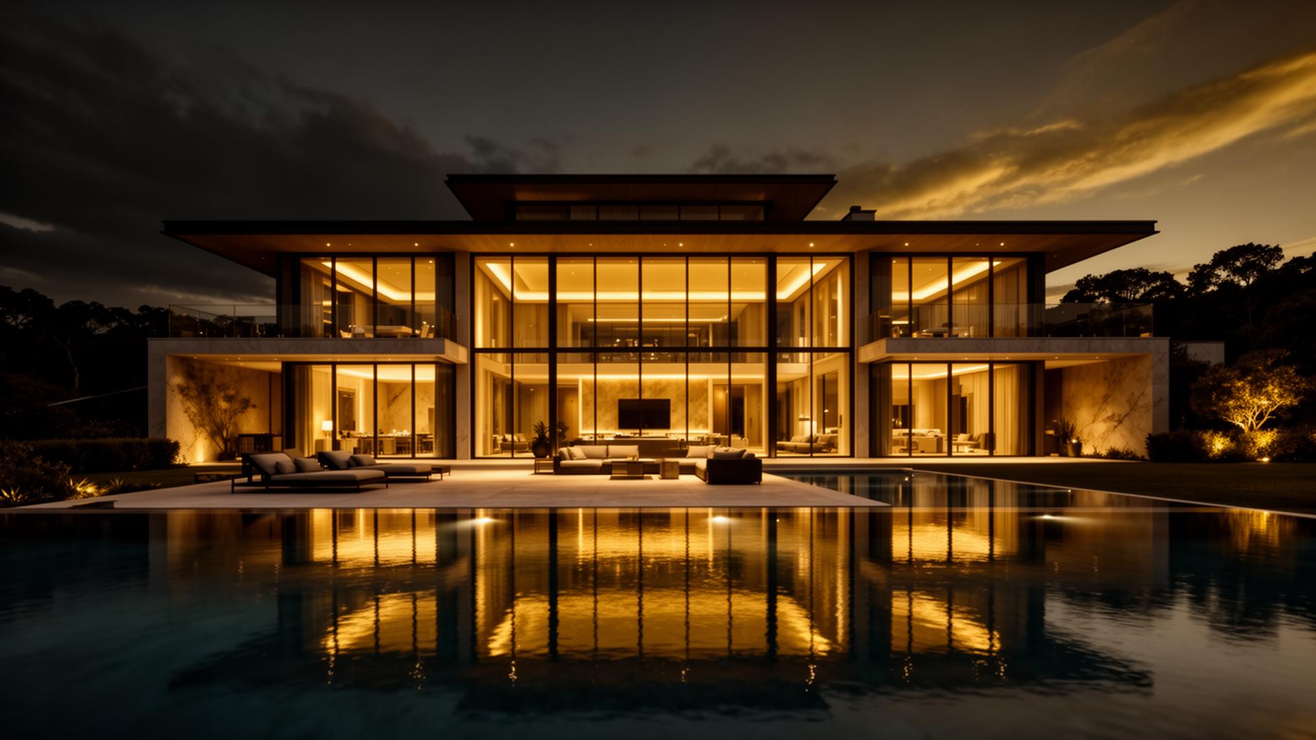 Mansão de luxo iluminada ao entardecer